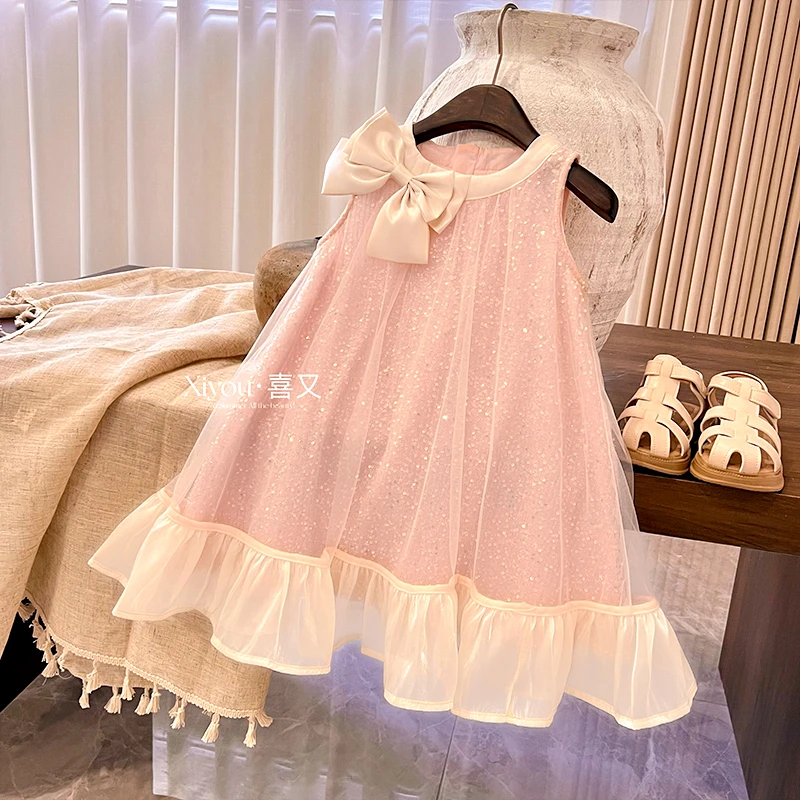 2025新款夏季洋气女童背心裙无袖相拼公主亮片连衣裙送礼品袋