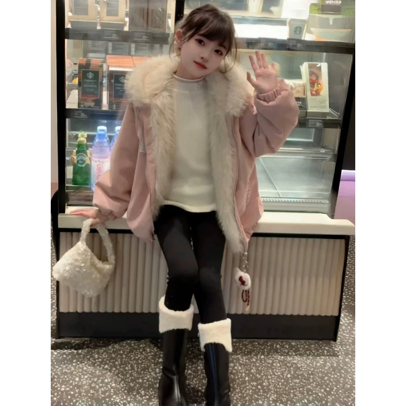 甜美可爱毛茸茸连帽棉服女童冬季新款双面穿设计感加绒加厚外套潮