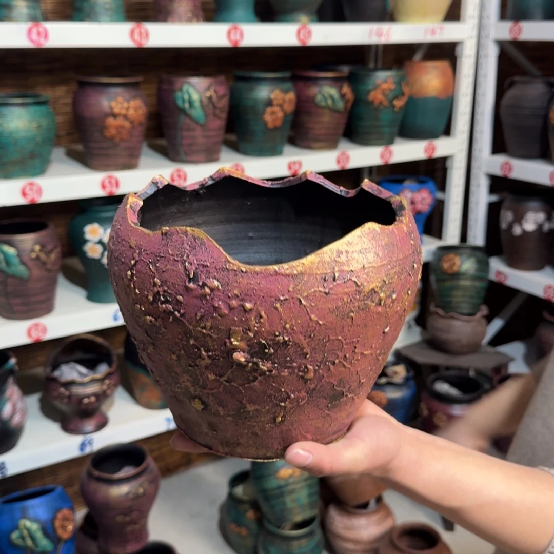 红陶红陶浮雕花盆炸炸炸