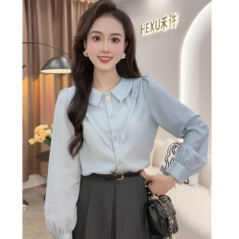 法式高级感Polo领蓝色衬衫女2024春季新款小个子复古长袖上衣