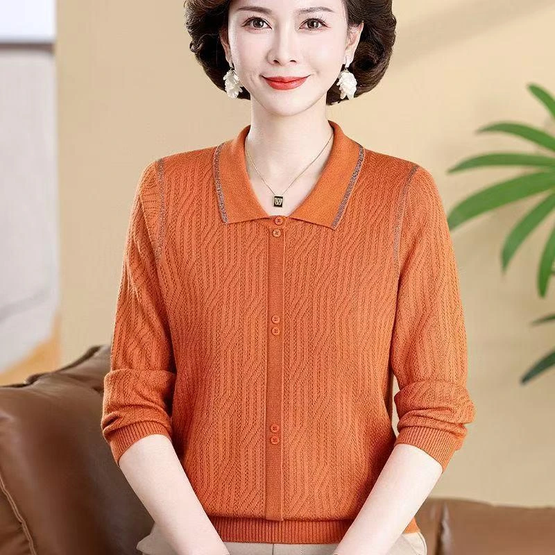 妈妈装春秋新款长袖打底衫大码毛衣针织衫上衣中老年冰丝T恤衫