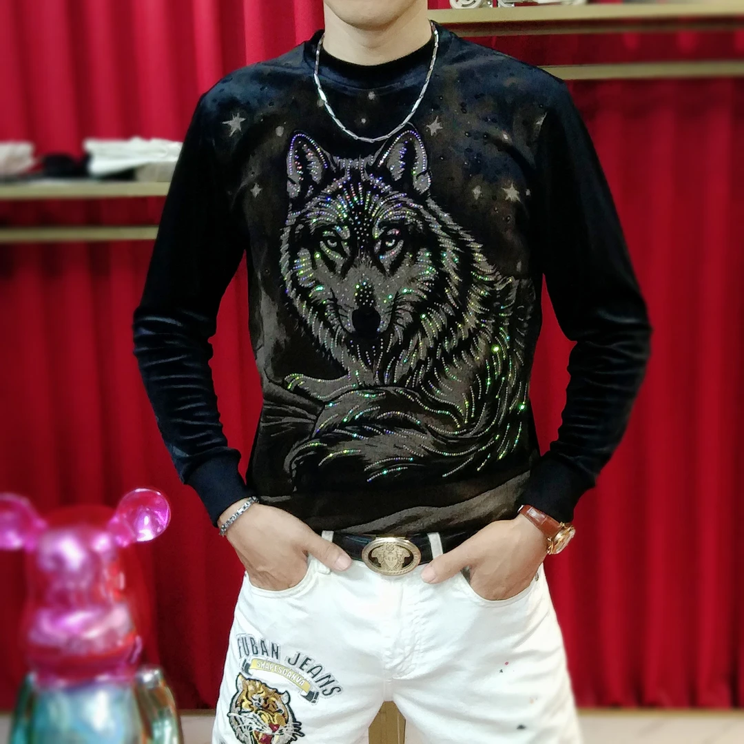 新款男士秋季休闲时尚狼王烫钻圆领长袖T恤潮流修身丝绒卫衣25123