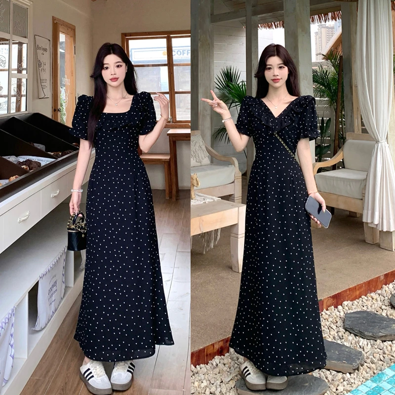 大码夏季法式复古气质显瘦黑色波点前后两穿小众设计感洋气连衣裙