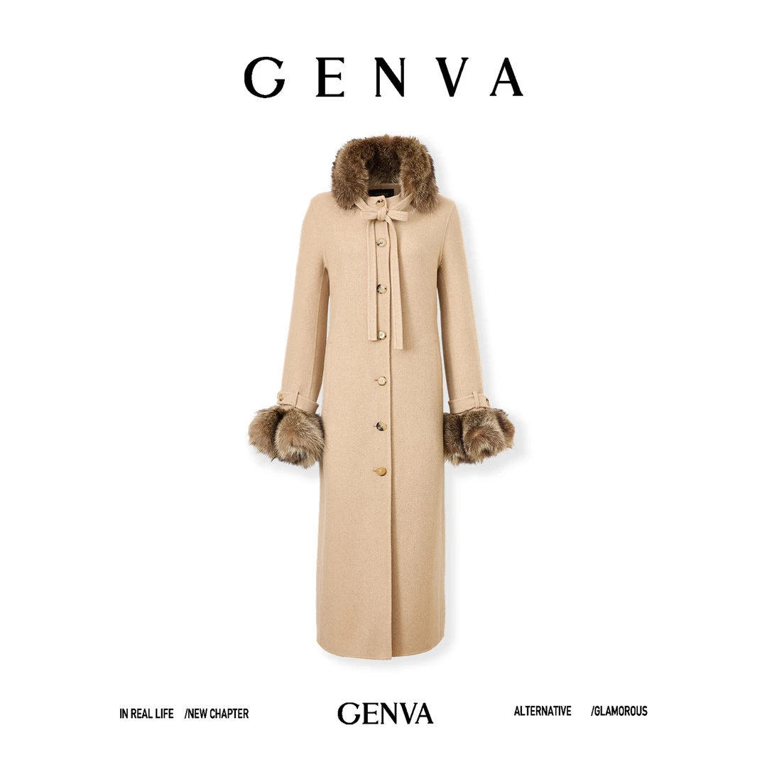 玖着‘宇光大衣’意大利MARINI百分百BABY山羊绒北美浣熊毛长大衣