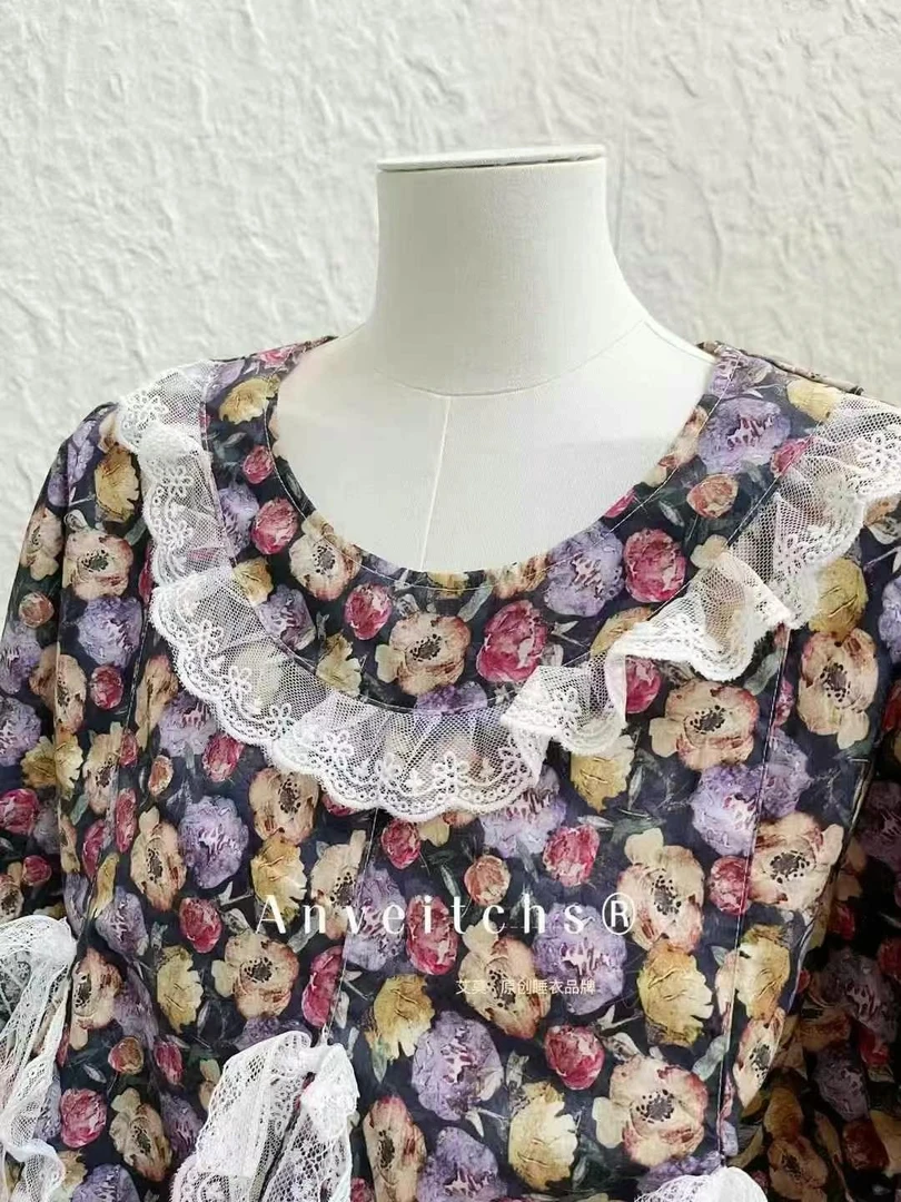 女士宽松蝴蝶袖蕾丝睡衣套装大花家居服春夏休闲款