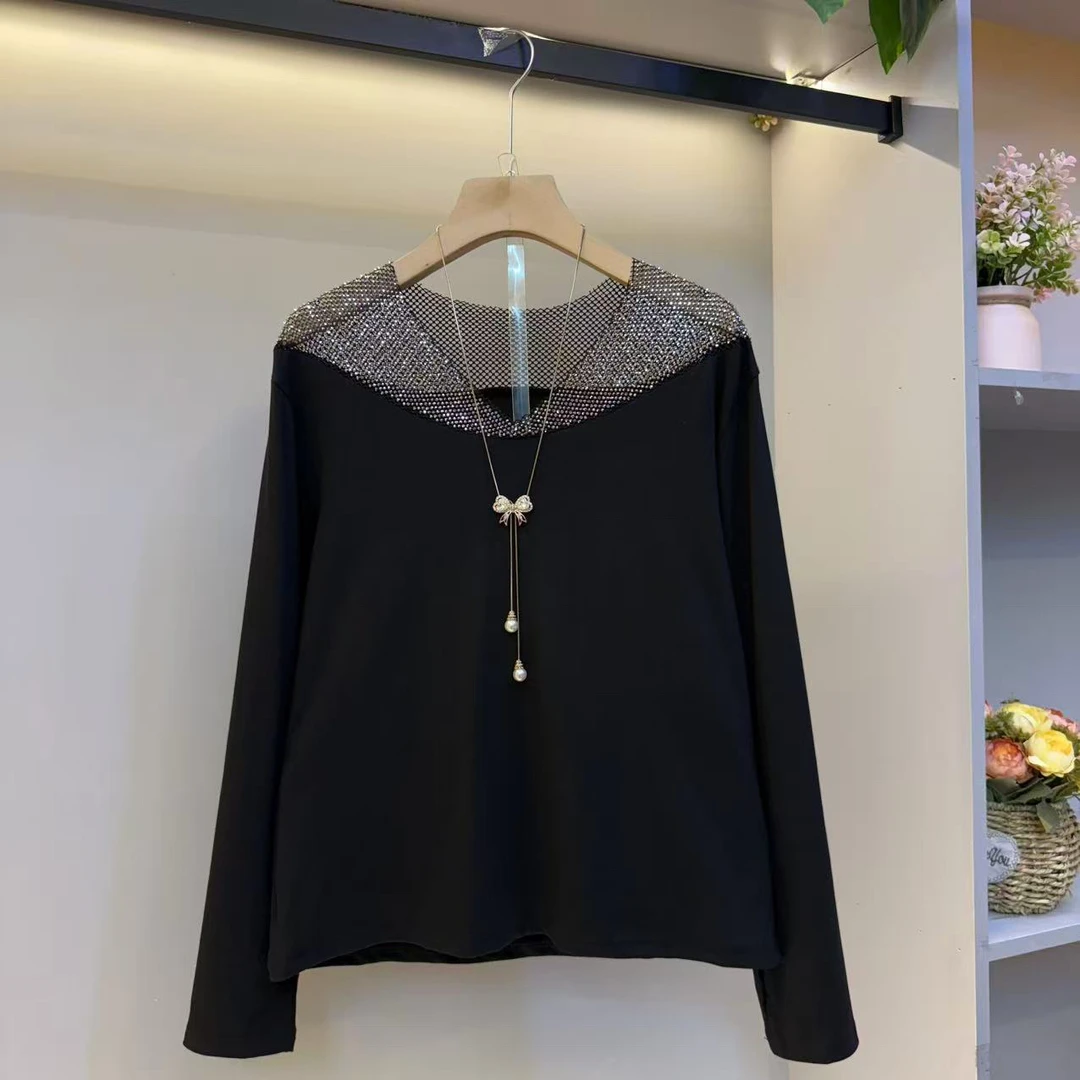 秋冬新款V领镶钻镂空拼接长袖百搭洋气轻奢显瘦上衣