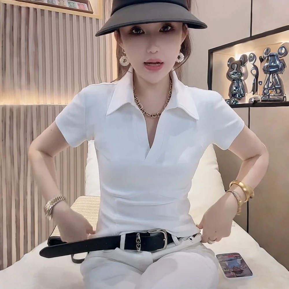 早秋新款夏季POLO领高级感纯色短袖T恤女修身显瘦休闲洋气上衣潮