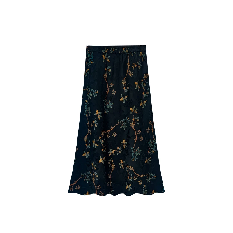 【橙庐】343015原创新中式金枝玉叶香云纱A字半裙 桑蚕丝气质老钱风