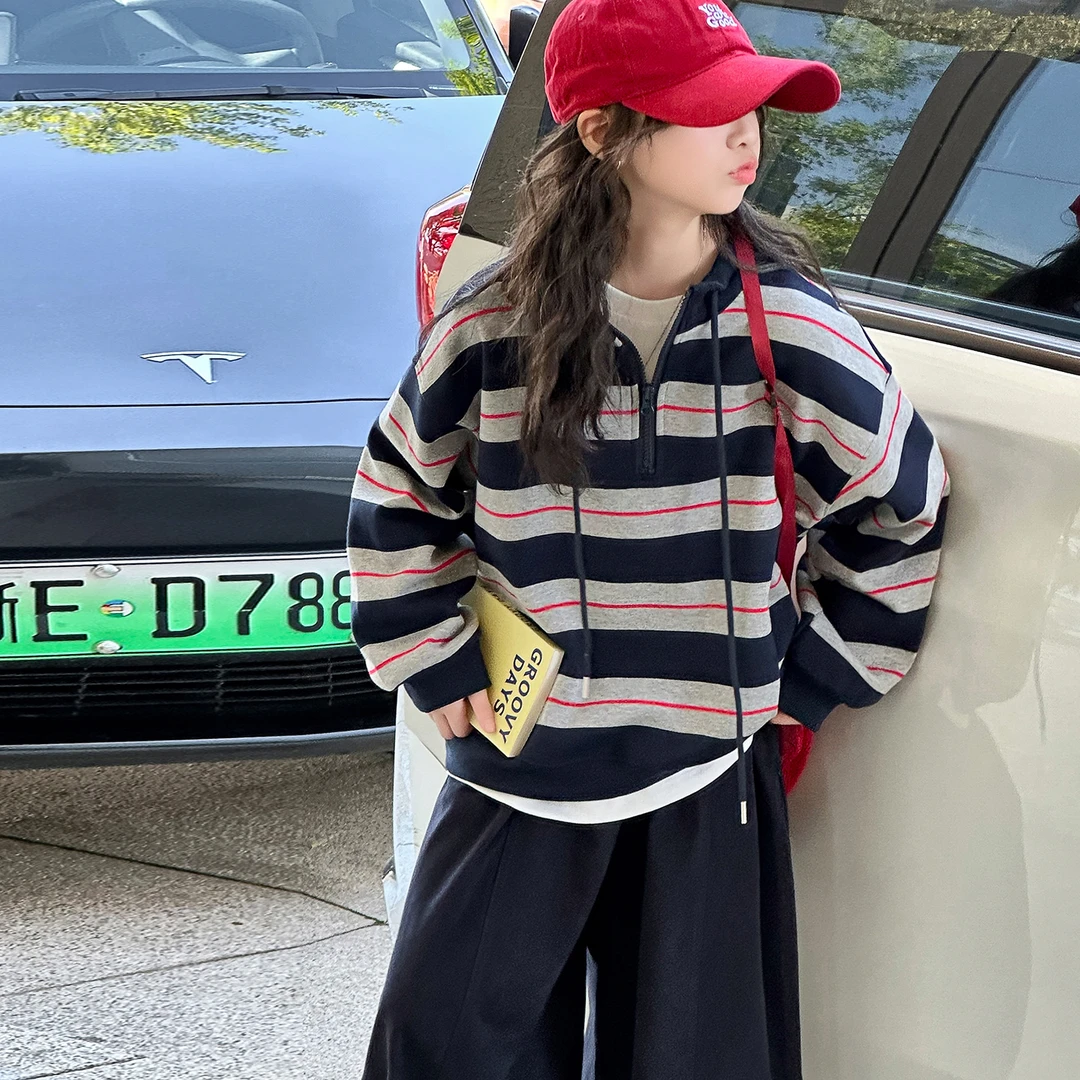 韩系女童卫衣秋季2025新款休闲宽松条纹6-12岁春秋洋气时尚15春秋