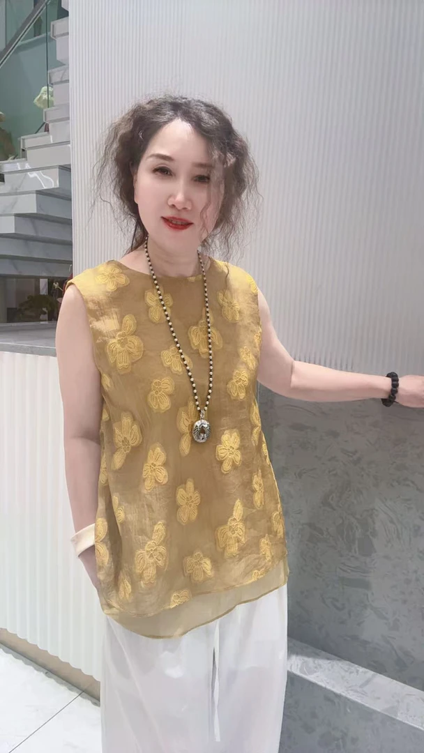 《仙姐精选》新中式刺绣无袖衬衫女夏季