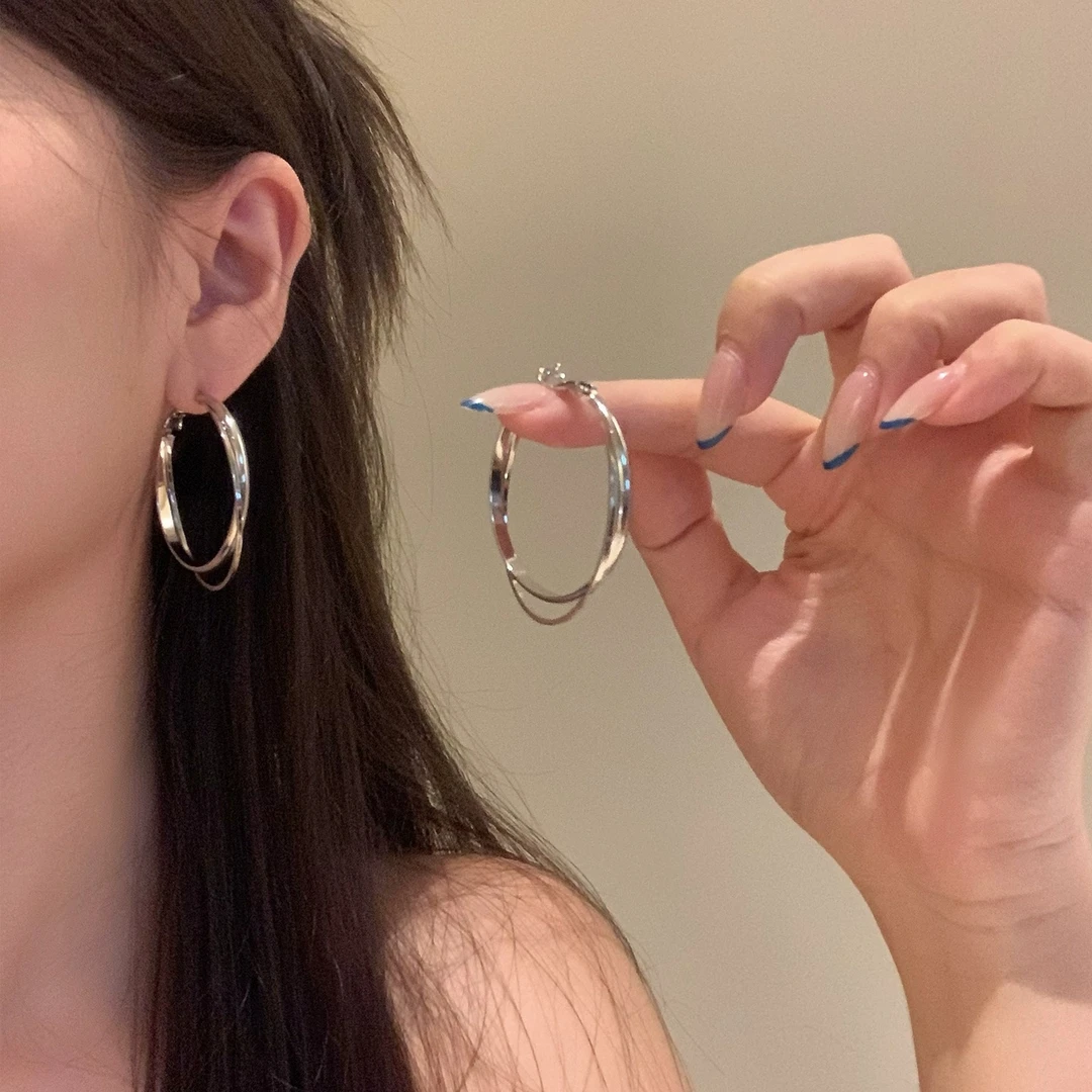 合金耳饰 金属双层圈圈耳环女轻奢高级感大耳圈圆圈耳钉素圈耳饰