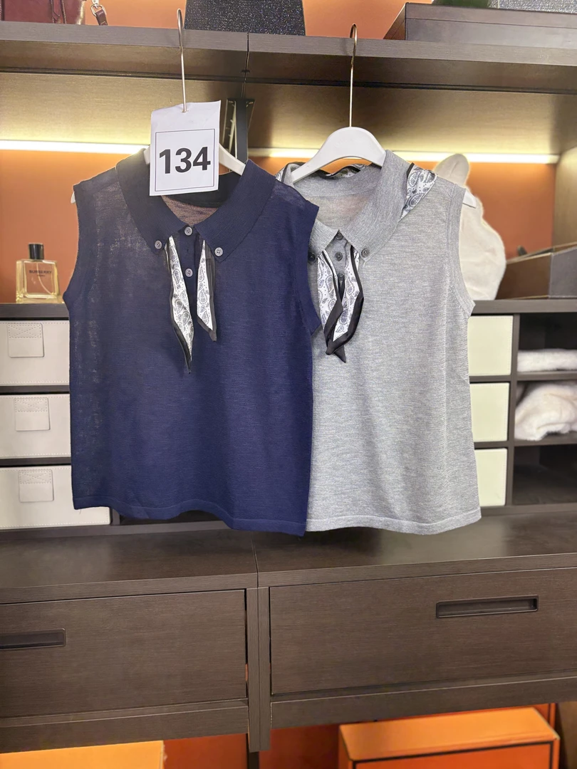 134针织衫无袖时尚纯色翻领夏季