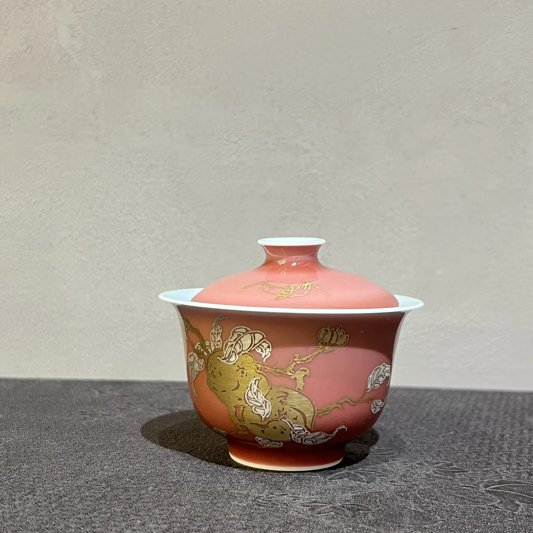 SH3321[学茶严选]豇豆红金银彩寿桃盖碗 陶瓷