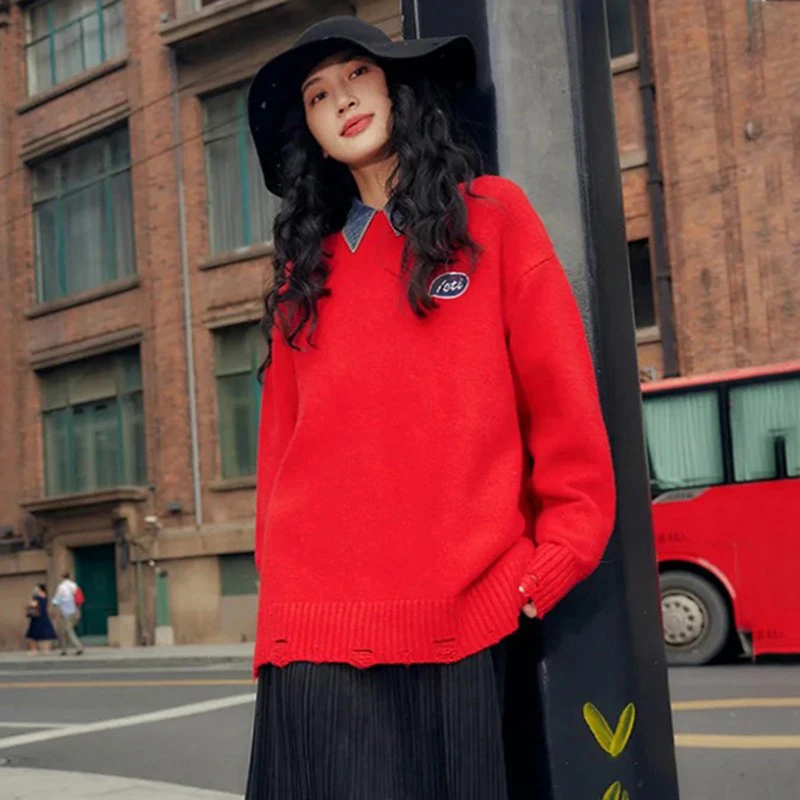 （红色）39442【N系列】设计感宽松休闲毛衣W23D3M7535