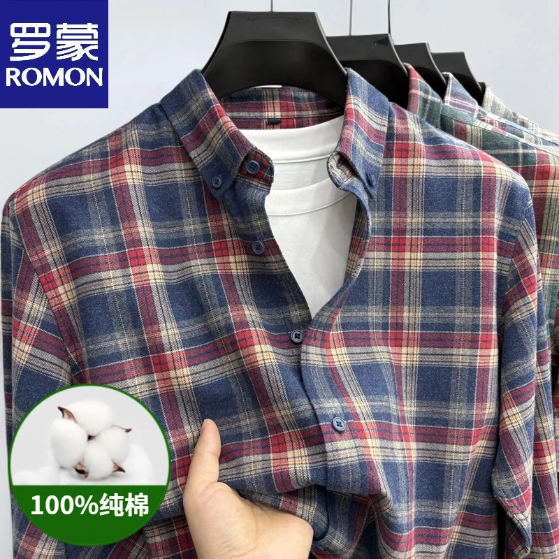 罗蒙男士秋季磨毛格子纯棉衬衫春秋款复古中青年百搭长袖t恤衬衣