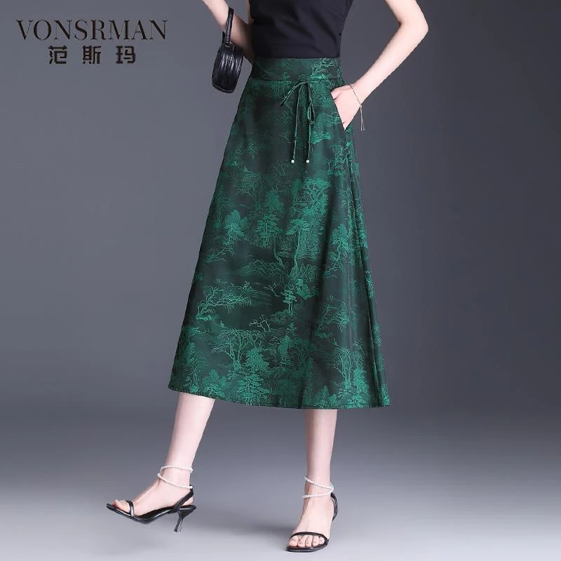 新中式国风半身裙女2025夏季新款高腰显瘦遮胯中长款a字裙爆款女a