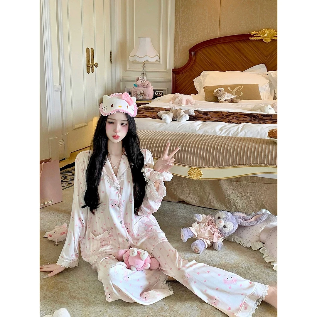 【海派甜心】冰丝睡衣女春秋美乐蒂翻领蕾丝花边长袖长裤夏季家居服