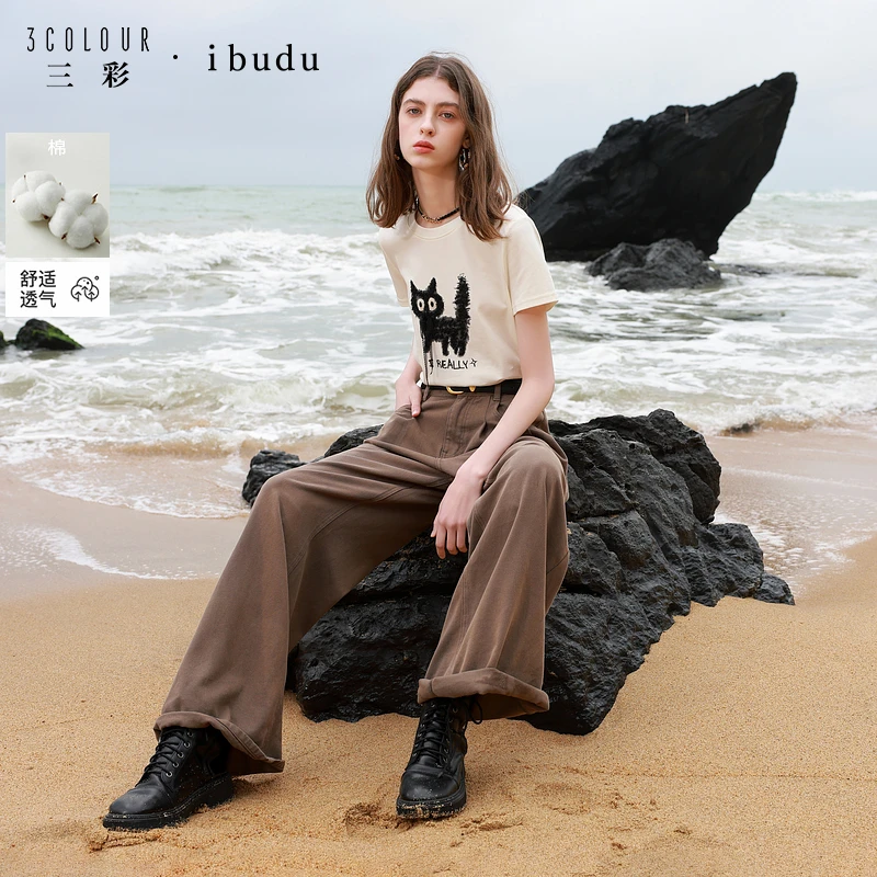 三彩ibudu2025夏季新款绣花印花小猫T恤正肩短袖圆领套头衫女
