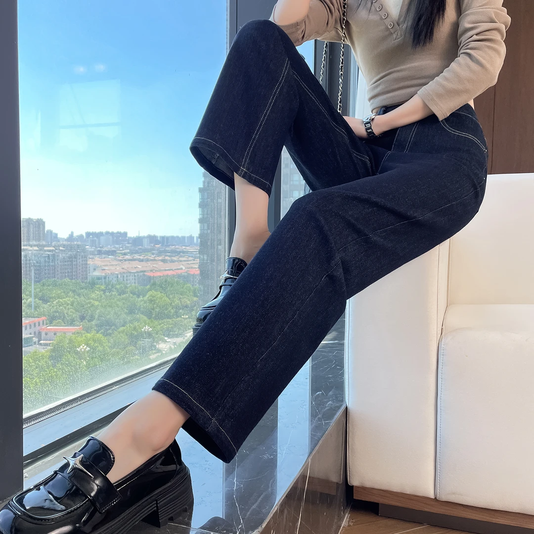 窄版直筒牛仔裤女2025新款秋季深蓝色小个子高腰超显瘦九分烟管裤