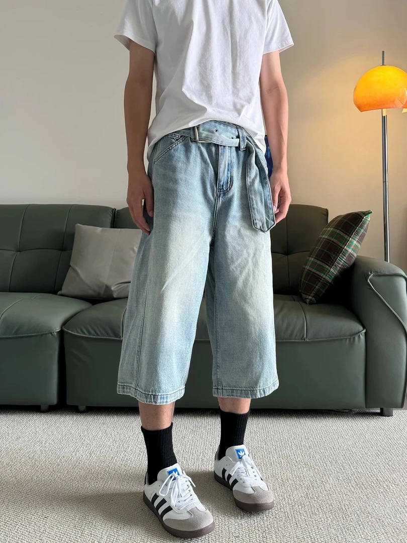 夏季美式复古水洗蓝七分裤牛仔裤男腰带束腰短裤直筒宽松百搭阔腿