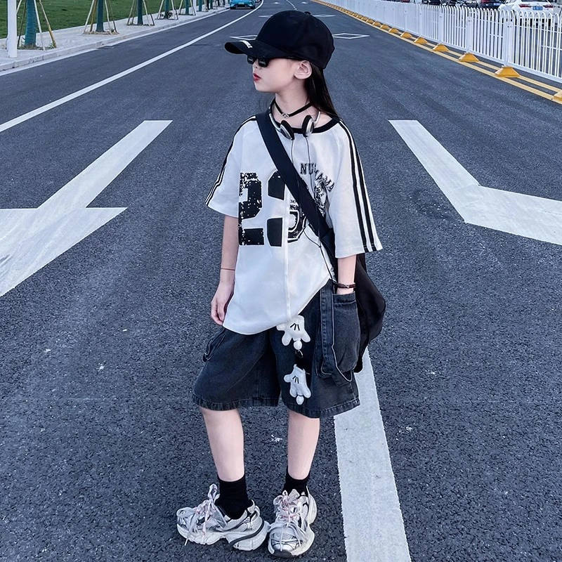 女童夏季美式学院风做旧短袖时尚大口袋工装牛仔五分短裤潮酷套装