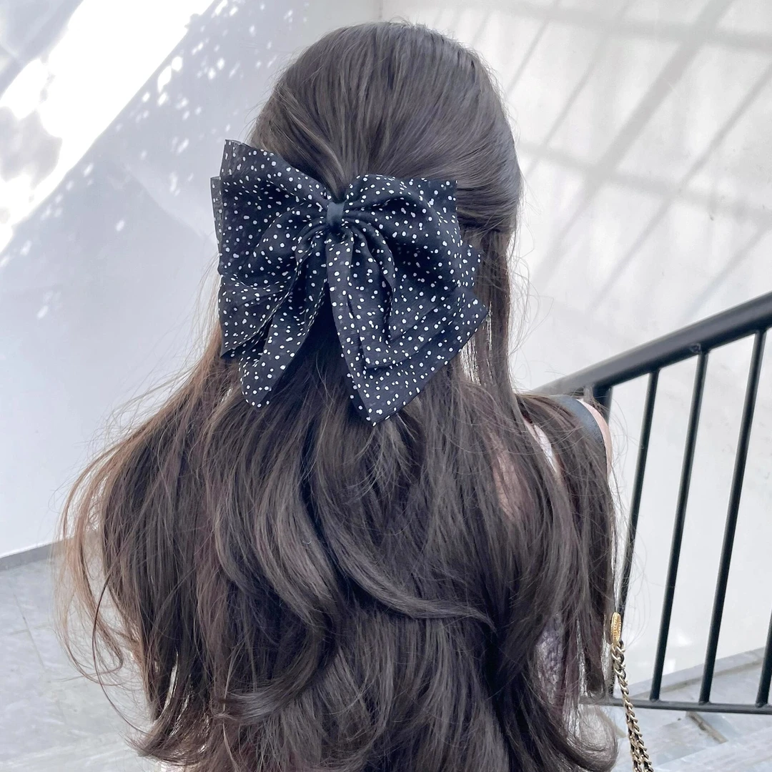法式复古雪纺波点蝴蝶结抓夹高级感半扎发夹气质发夹百搭发卡发饰