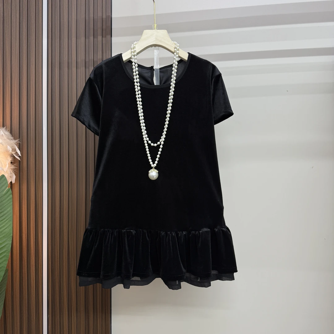 欧洲站2025夏季新款气质T恤减龄时尚赫本风丝绒甜美上衣女