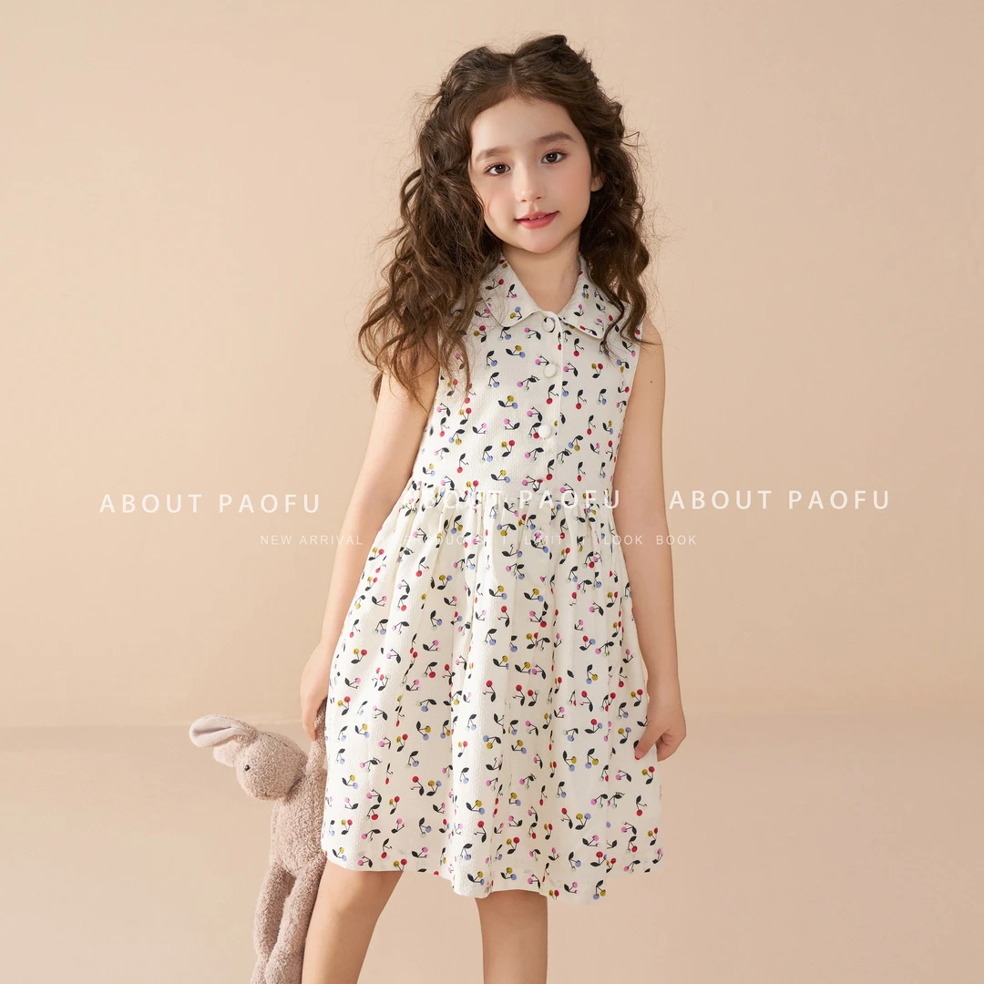 泡芙定制 新款白色樱桃碎花连衣裙公主连衣裙女童裙子 DY1250216