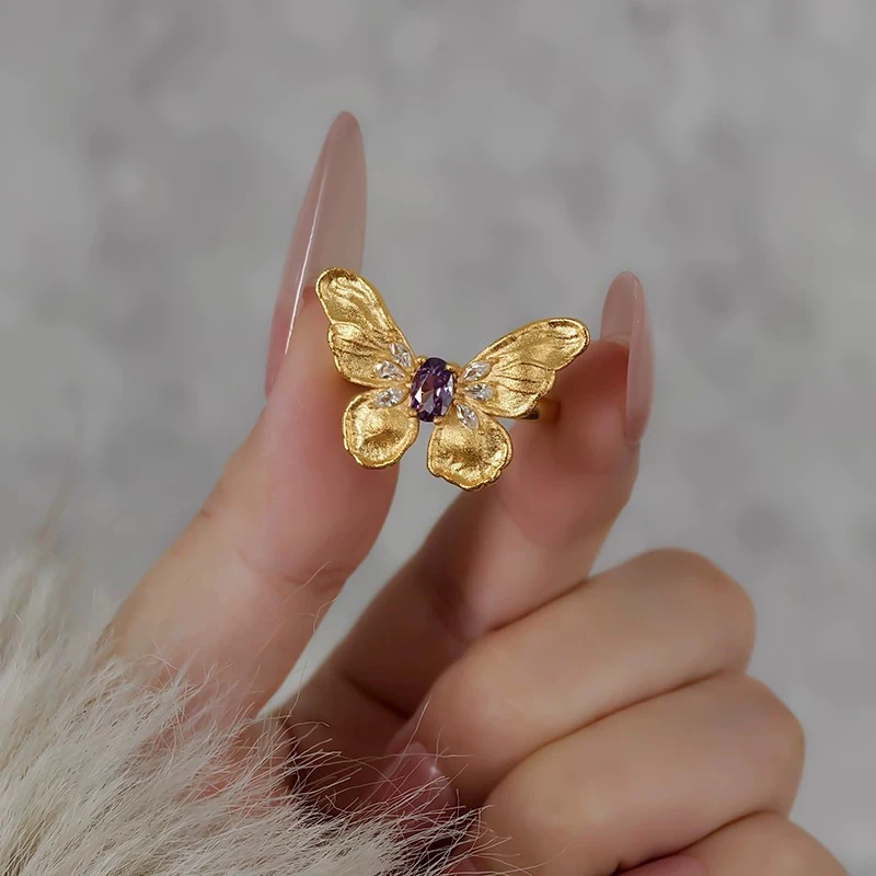 足银戒指 拉丝紫钻蝴蝶戒指气质迷你时尚百搭