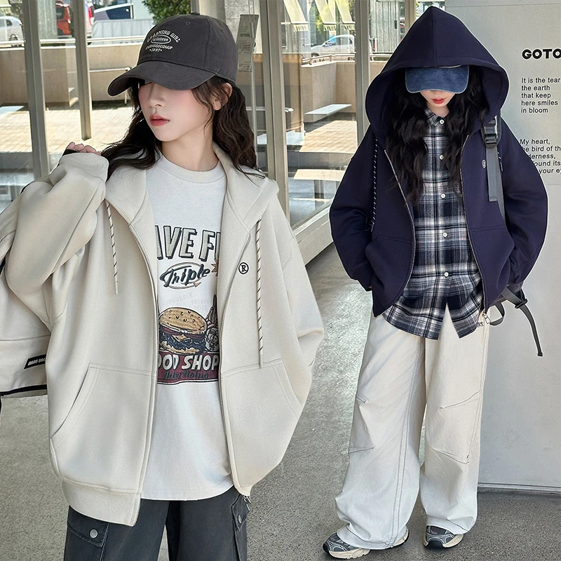 女童春秋新款字母刺绣连帽卫衣中大童女孩洋气简约休闲外套9-15岁