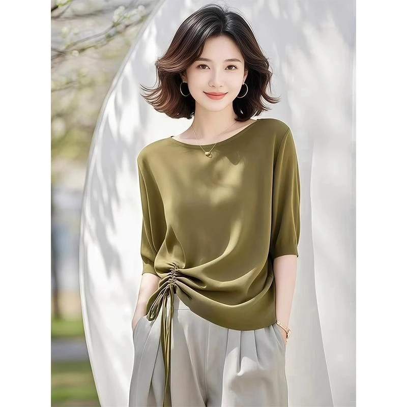 2025夏季韩式新款小众橄榄绿设计感抽绳褶皱T恤短袖女简约风上衣
