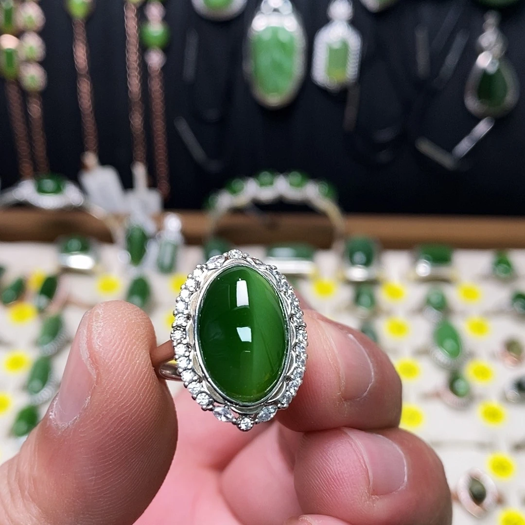 和田玉（碧玉）银S925镶嵌戒指