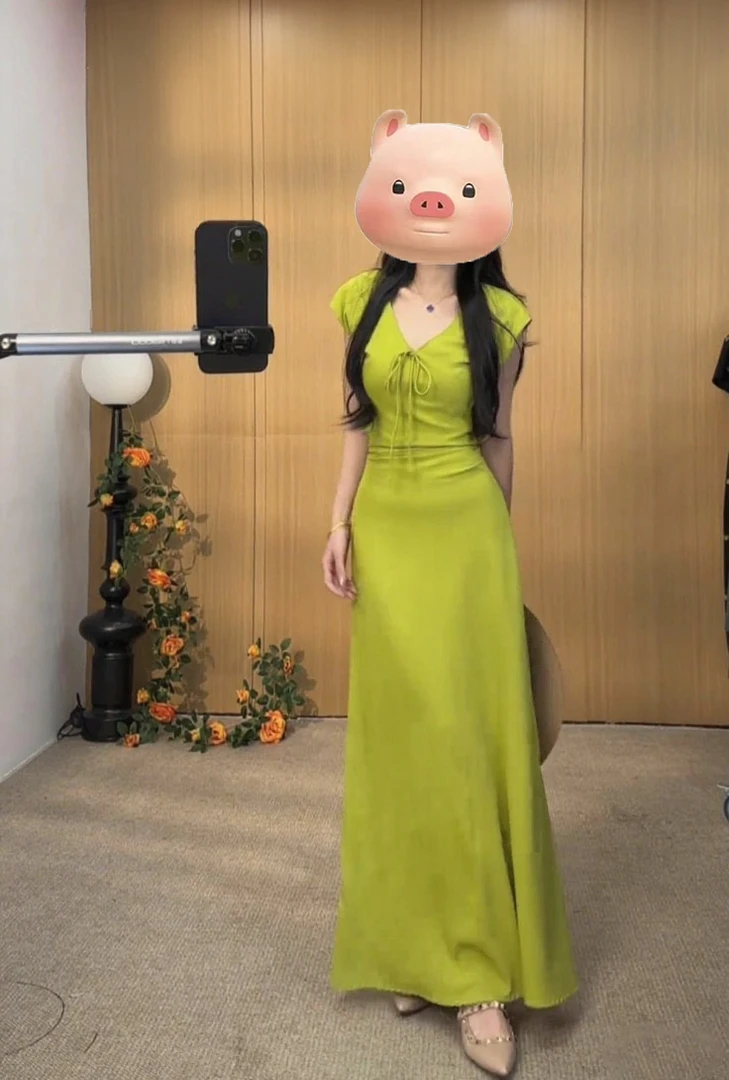 夏季法式长裙V领女装新款绑带显瘦修身连衣裙裙子3303#