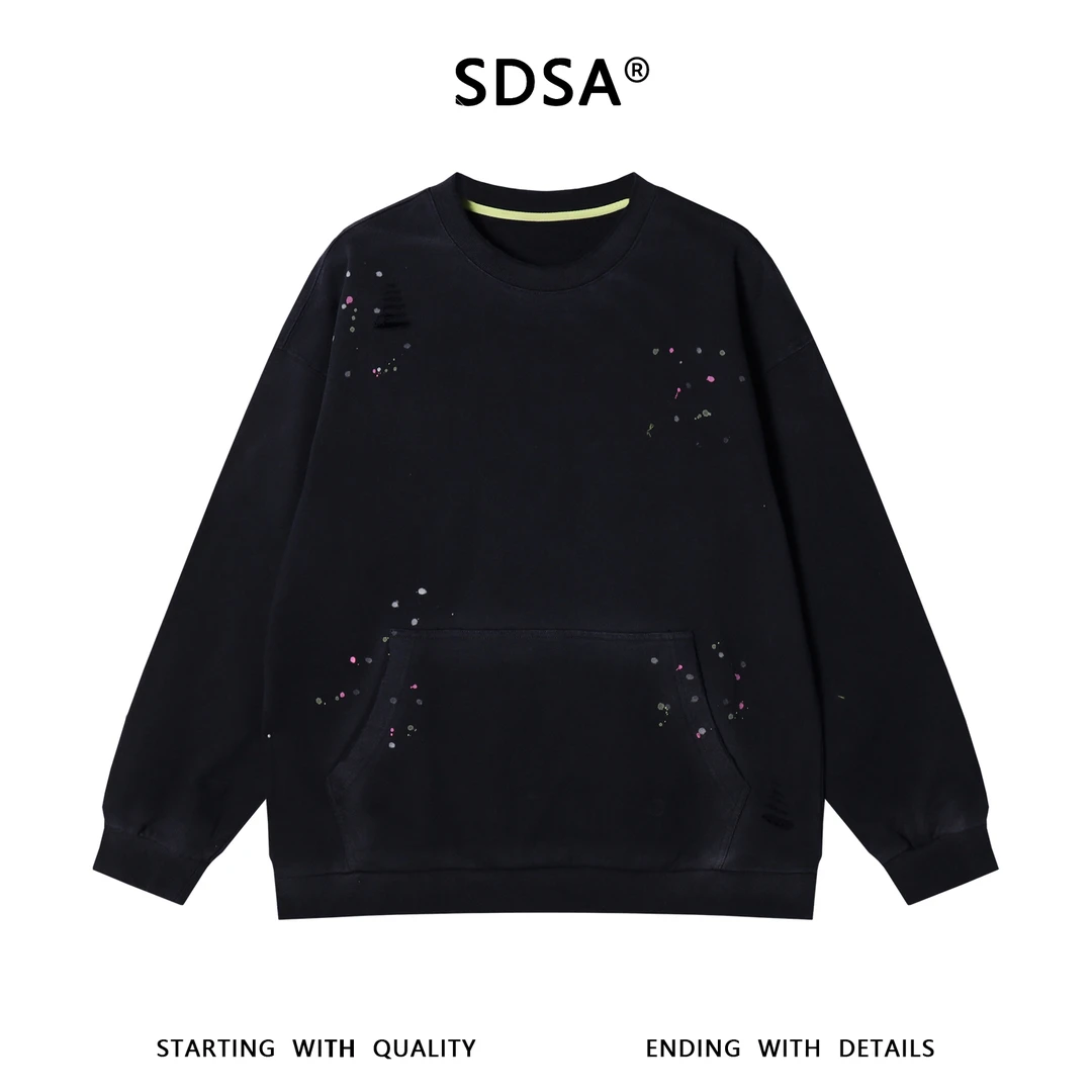 SDSA男士秋冬新款痞帅男装潮牌泼墨印花破洞设计圆领卫衣百搭时尚