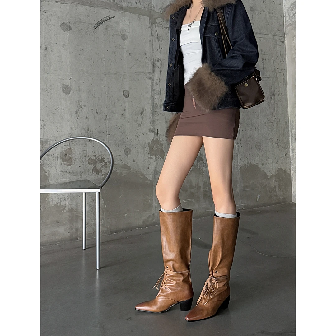 2025秋冬新款系带高筒及膝靴粗跟复古百搭气质时尚高跟不过膝长靴