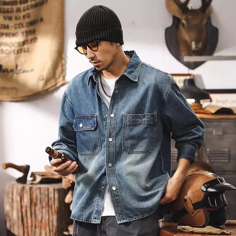 莱赛尔天丝薄款牛仔衬衫男长袖秋季2025新款美式复古宽松衬衣外套