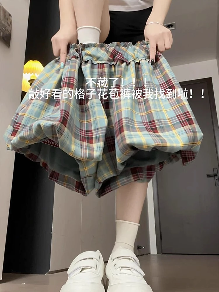 复古格子花苞短裤女夏季2025新款外穿高腰显瘦a字小个子五分裙裤