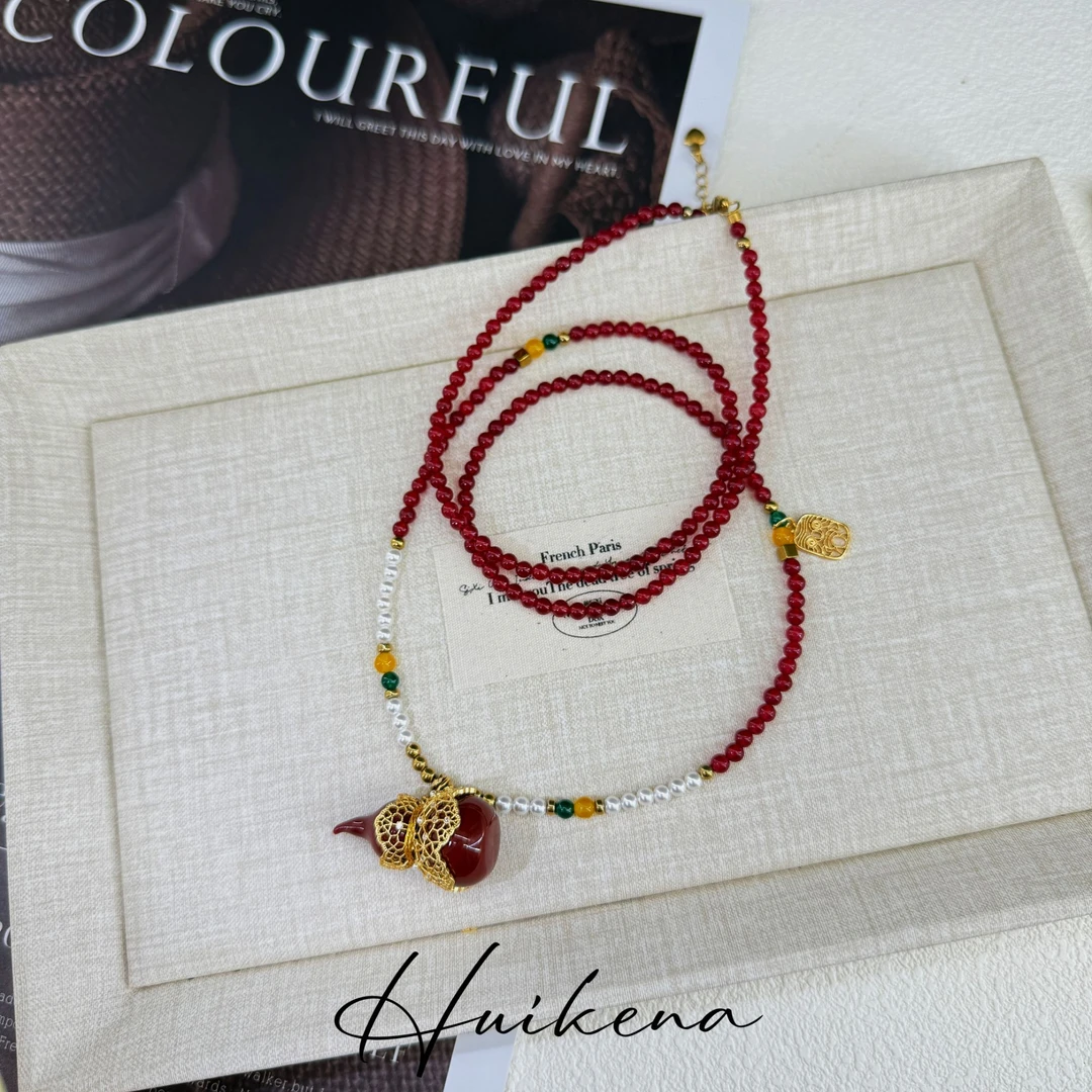 钛钢项链 HUIKENA【蕾丝葫芦】原创秋冬彩色珐琅珍珠蕾丝葫芦NA151