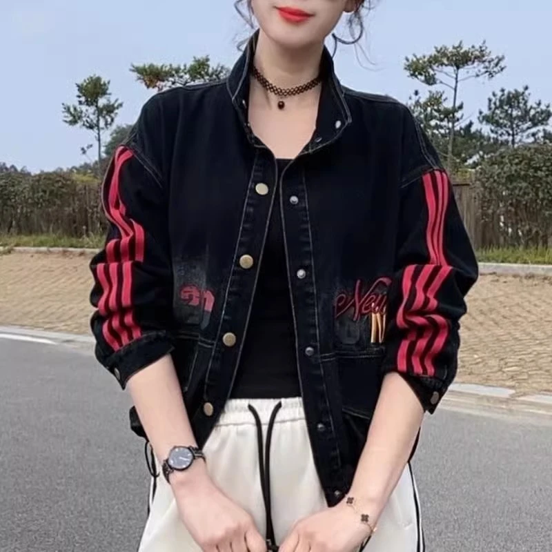 立领复古牛仔外套2025春季新款时尚条纹印花减龄百搭显瘦短款上衣