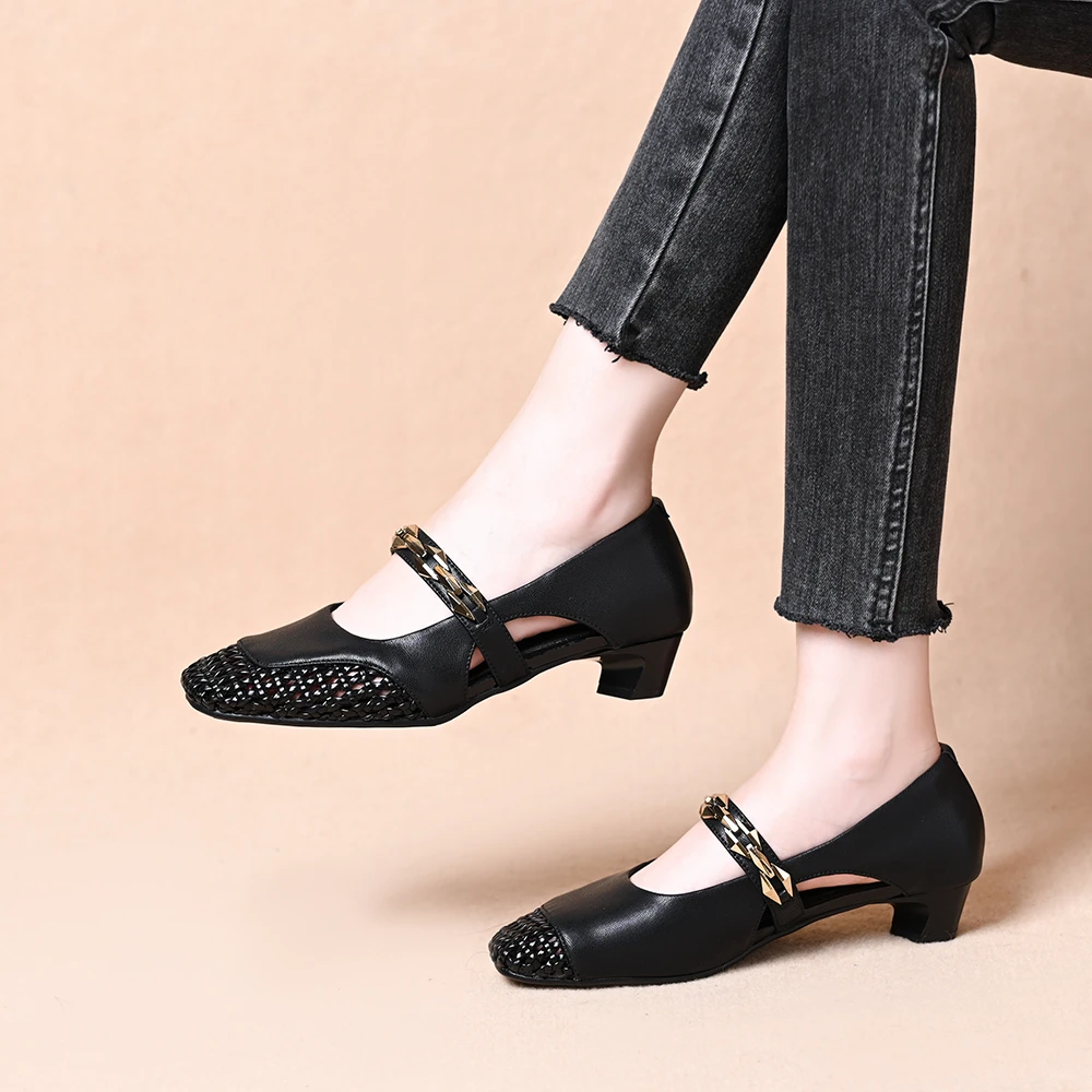 春夏季粗跟乐福鞋皮鞋时尚镂空编织方头时尚一字带女百搭低跟单鞋