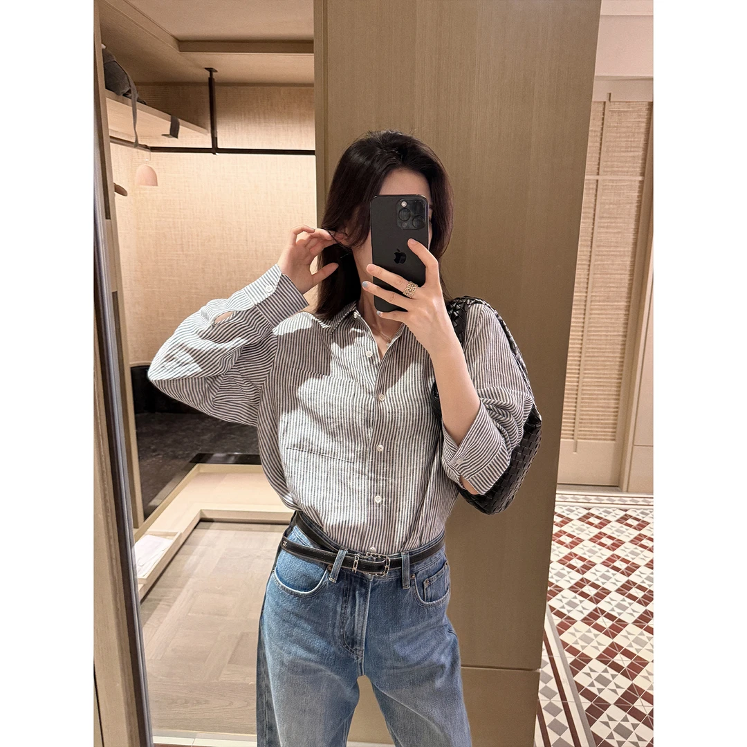 杨小妖条纹亚麻衬衫 小文艺风气质女士方领上衣衬衣外套2025夏新