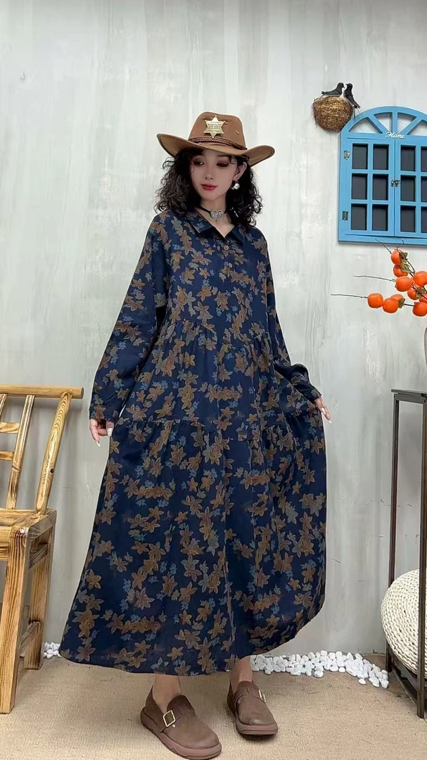 5421春夏秋新款气质时尚长袖复古遮肚宽松女显瘦百搭连衣裙妈妈装