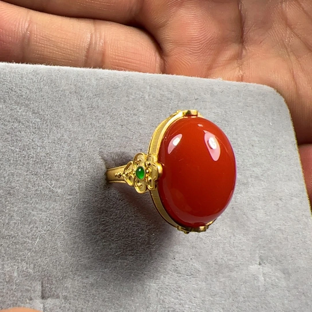 南红玛瑙戒指18K金镶嵌