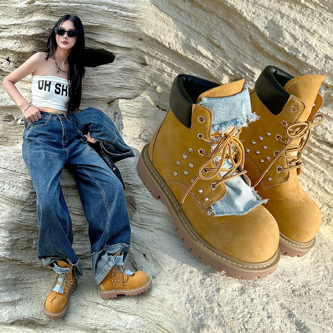 头层牛皮大黄靴女2025新款秋季马丁靴女款厚底增高小短靴黄色靴子