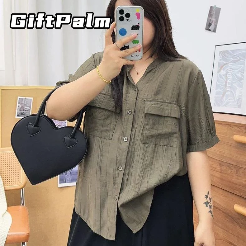 GiftPalm胖mm300斤大码法式复古短袖衬衫女夏季宽松显瘦轻薄百搭
