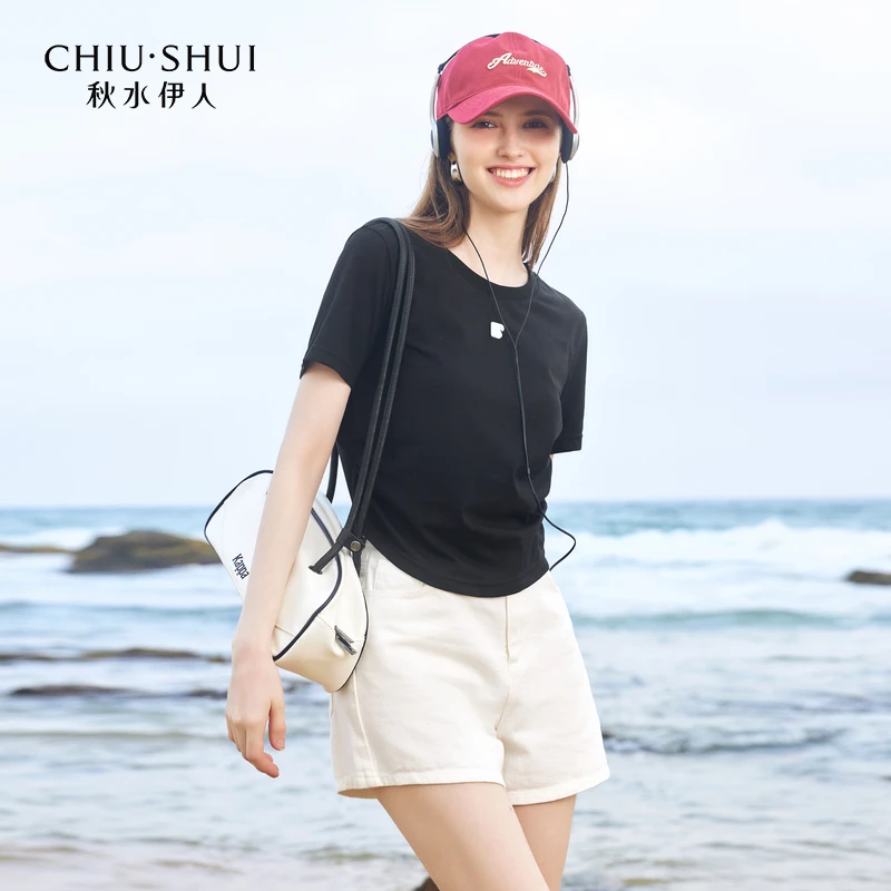 【小铃铛】秋水伊人洋气正肩短袖T恤女收腰上衣624203B200063