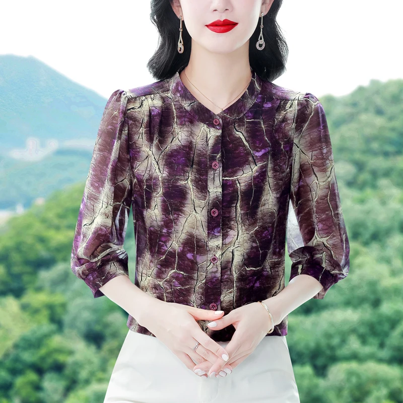 2025夏季新款减龄七分袖印花雪纺衬衫女气质大码洋气显瘦小衫