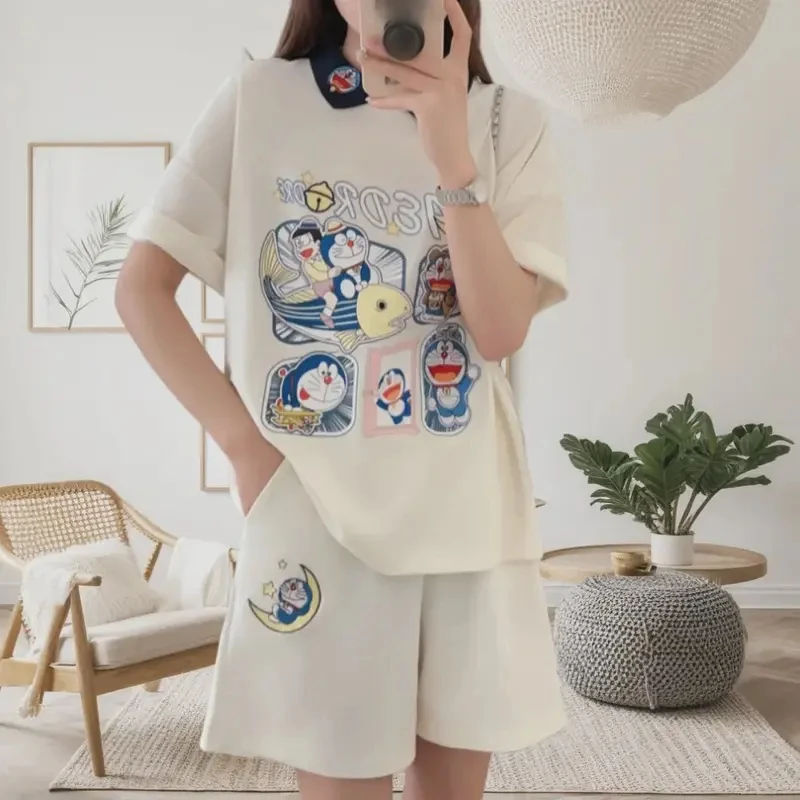 2件套夏季女短袖短裤宽松圆领运动休闲印花百搭时尚套装卡通外穿