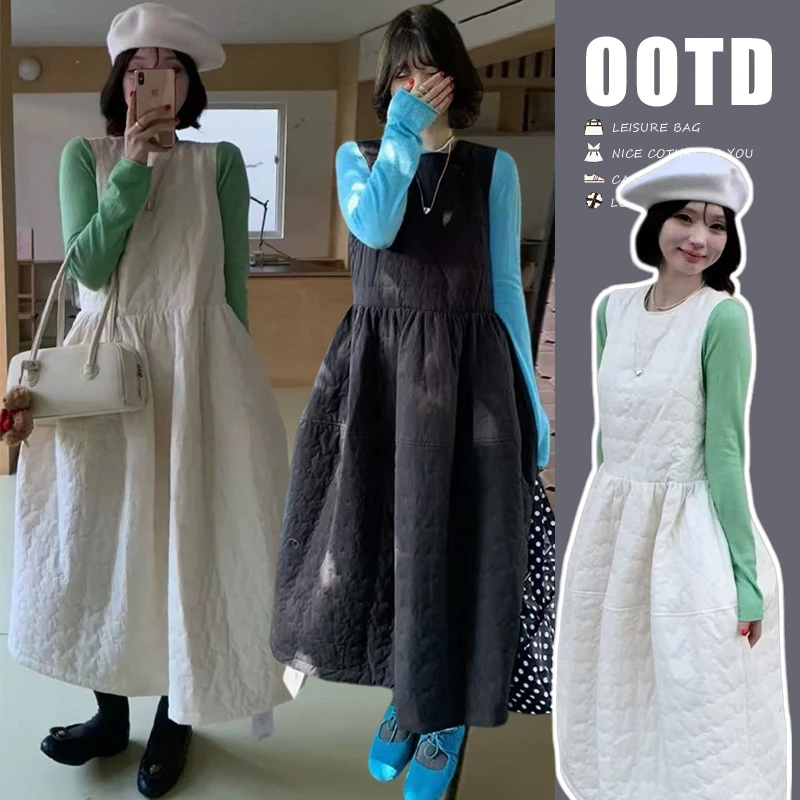 韩版时尚潮流秋冬季套装女打底衫+绑带夹棉加厚背心裙休闲两件套