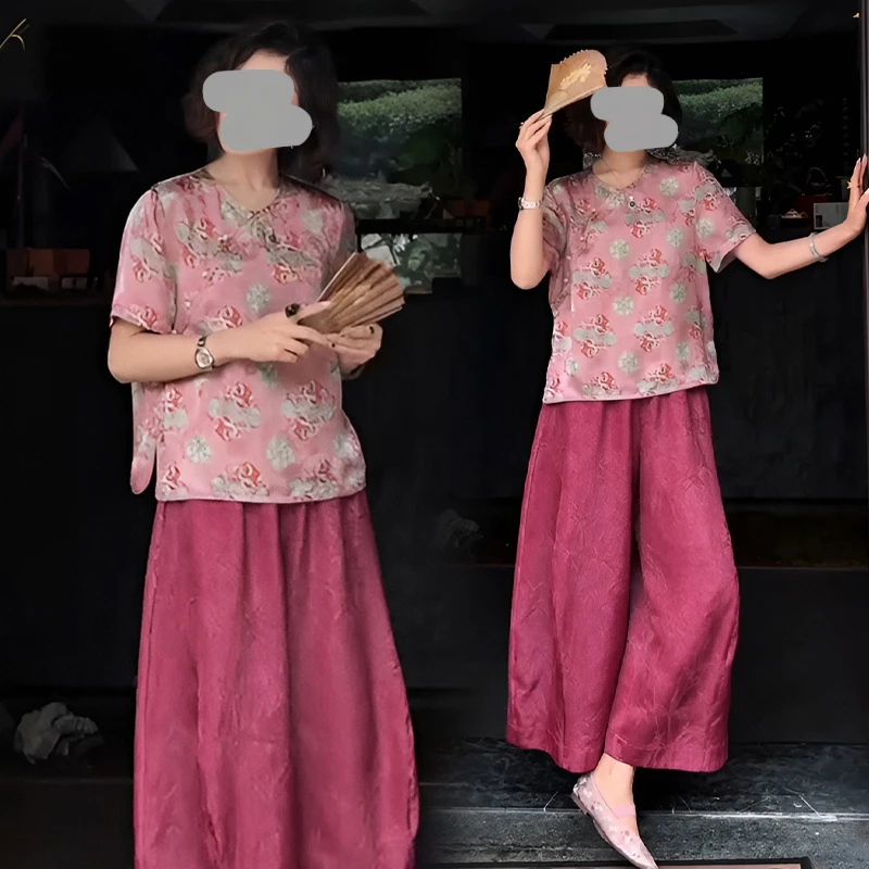 大方得体穿搭一整套新中式国风碎花衬衣长裤绝美套装夏女2025新款